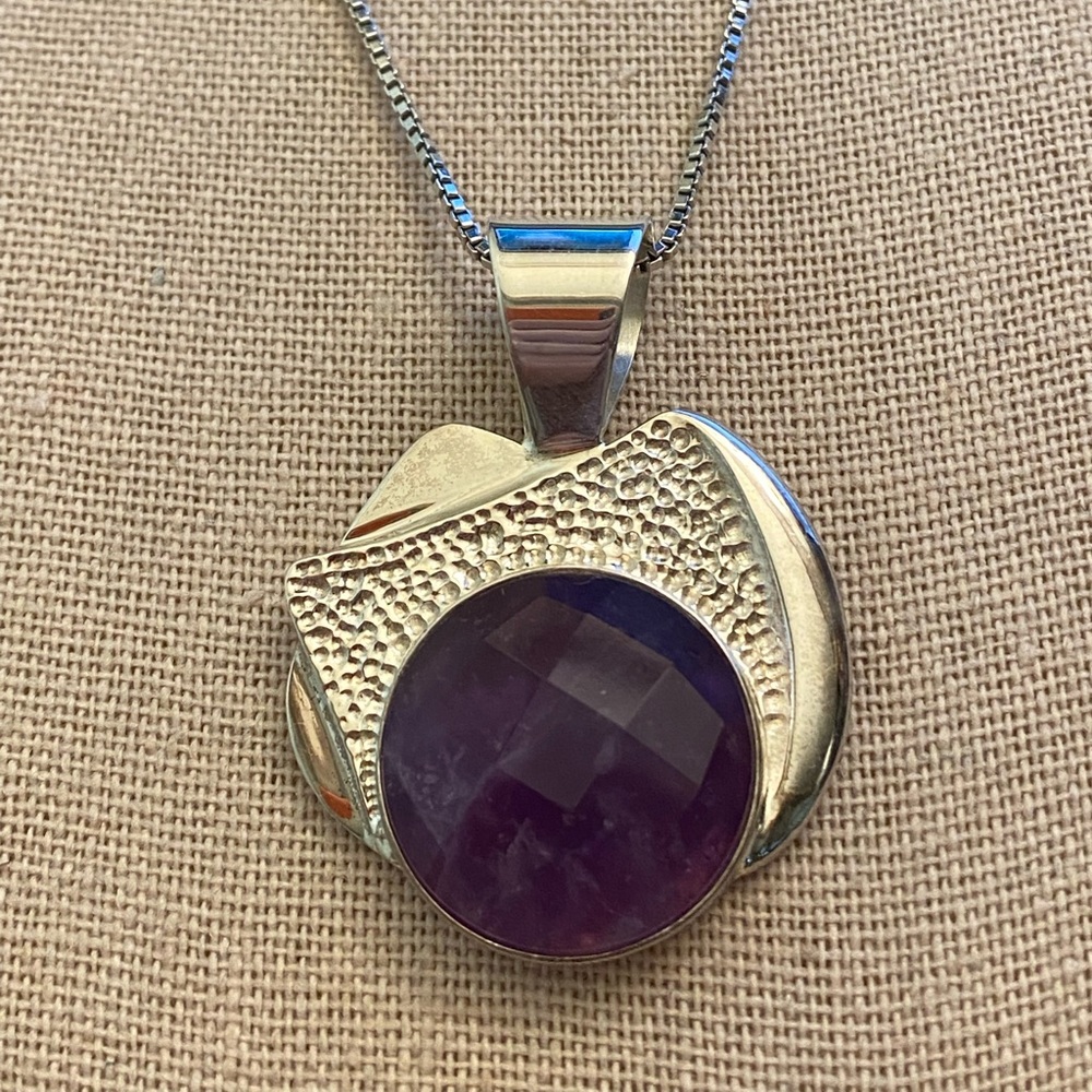 Retro Modern Jay King Desert Rose faceted Amethyst 925 Silver pendant & chain